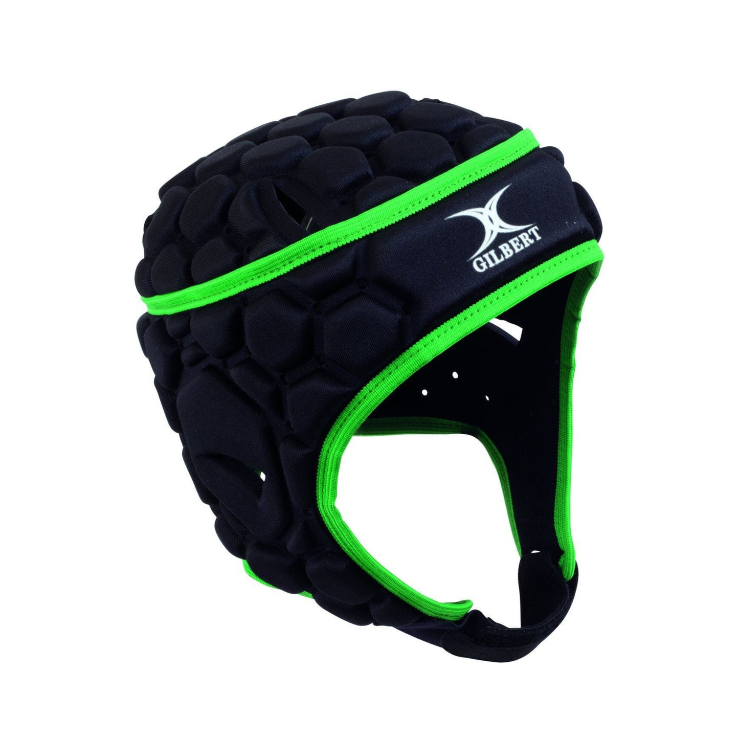 Black Gilbert headguard helmet with green accents on a white background