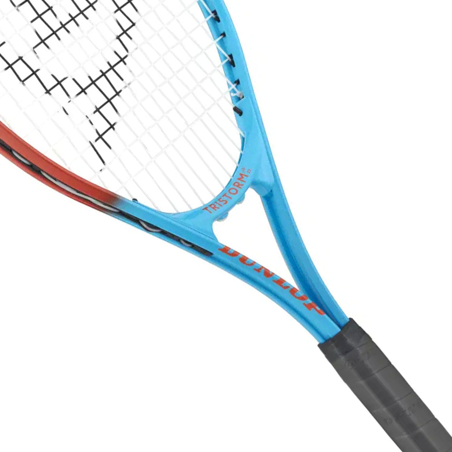 Close-up of the Dunlop blue tennis racket with red accents on a white background