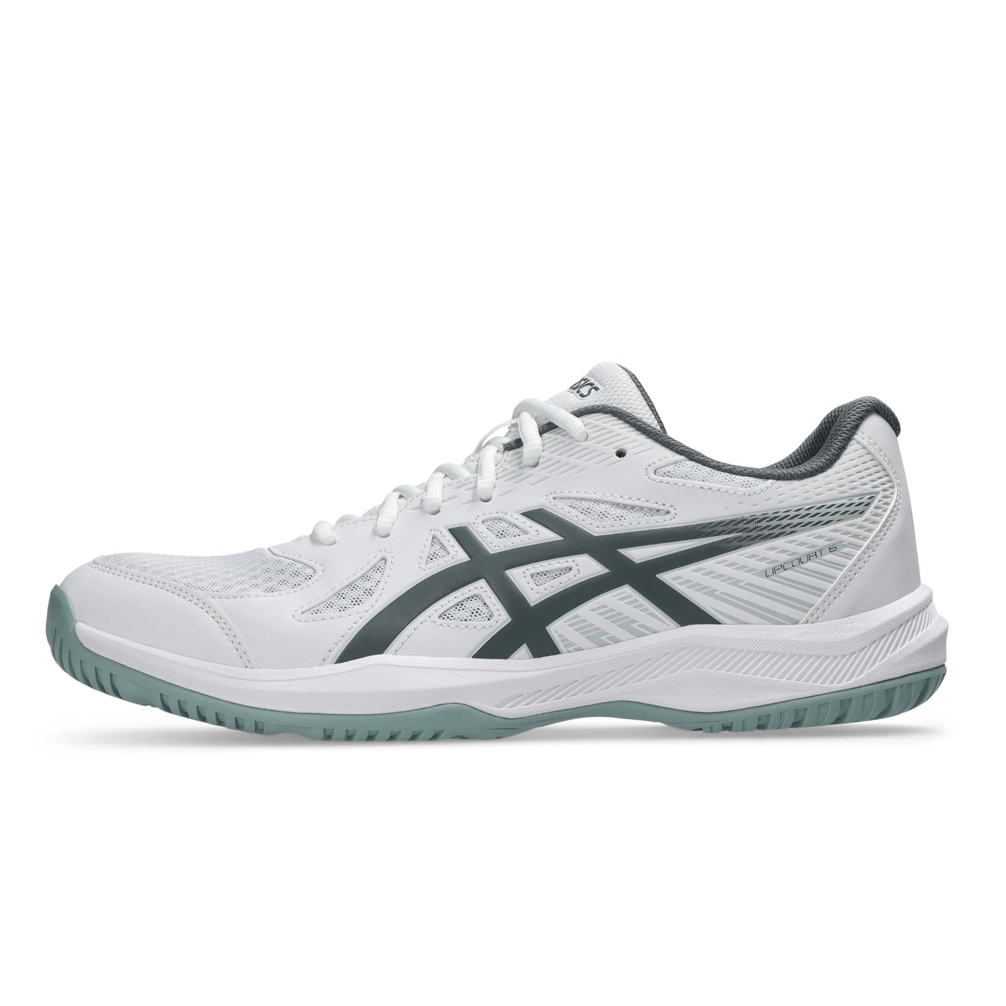 A white Asics squash shoe with dark gray stripes and a light green outsole, shown in a side profile on a white background.