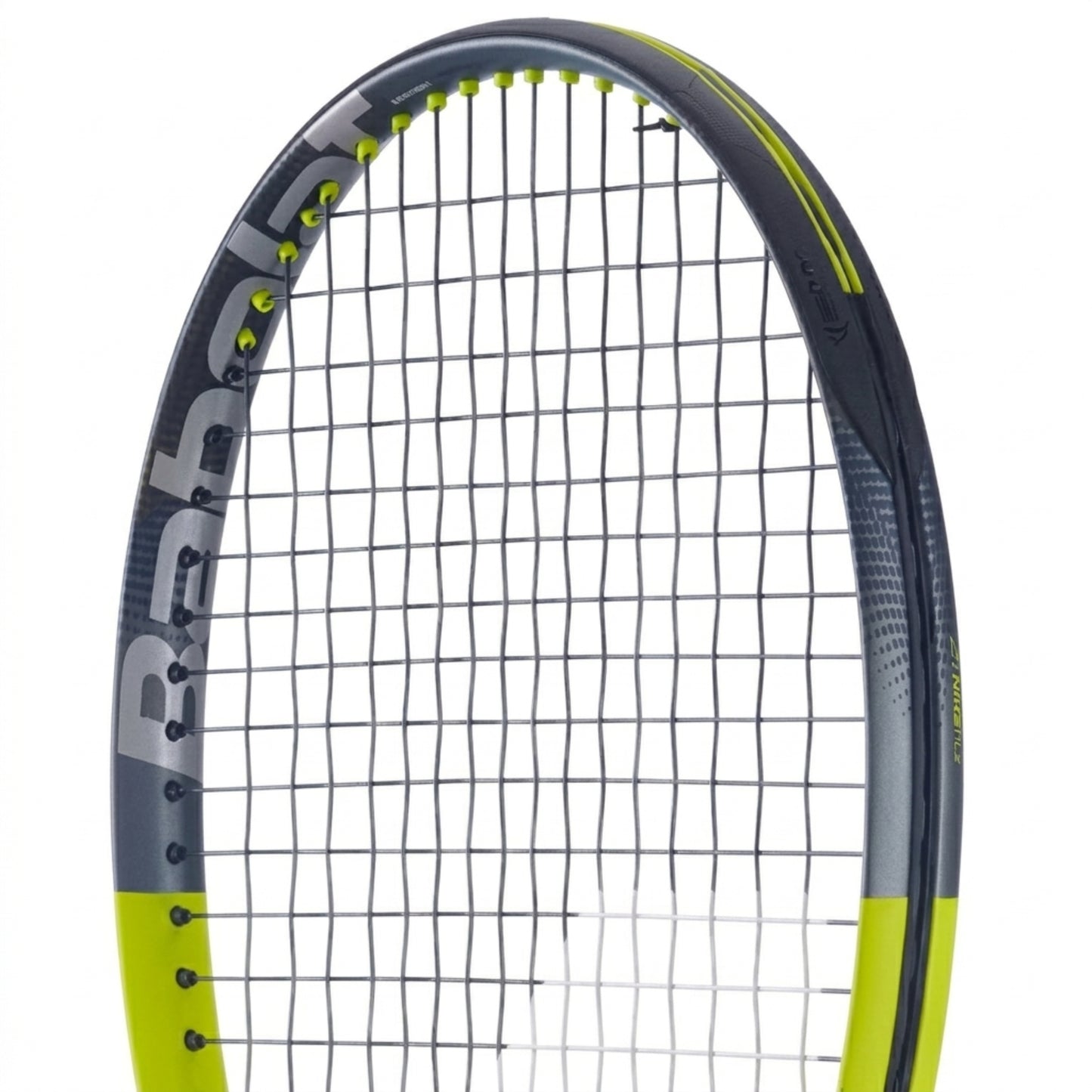 Babolat Tennis racket with a close-up of the strings on a white background