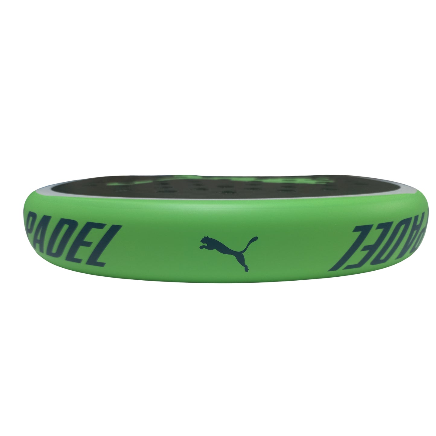 Green padel racket with Puma logo and 'PADEL' text on a white background