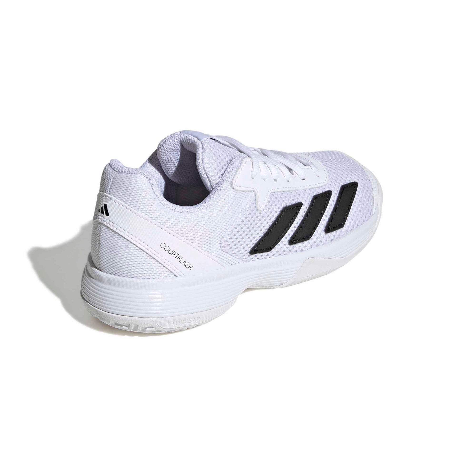 A white Adidas tennis shoe with black three-stripes on the side, white laces, and a white sole, photographed on a clean white background with a soft shadow.