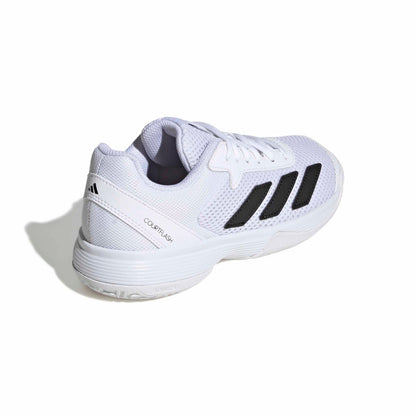 A white Adidas tennis shoe with black three-stripes on the side, white laces, and a white sole, photographed on a clean white background with a soft shadow.