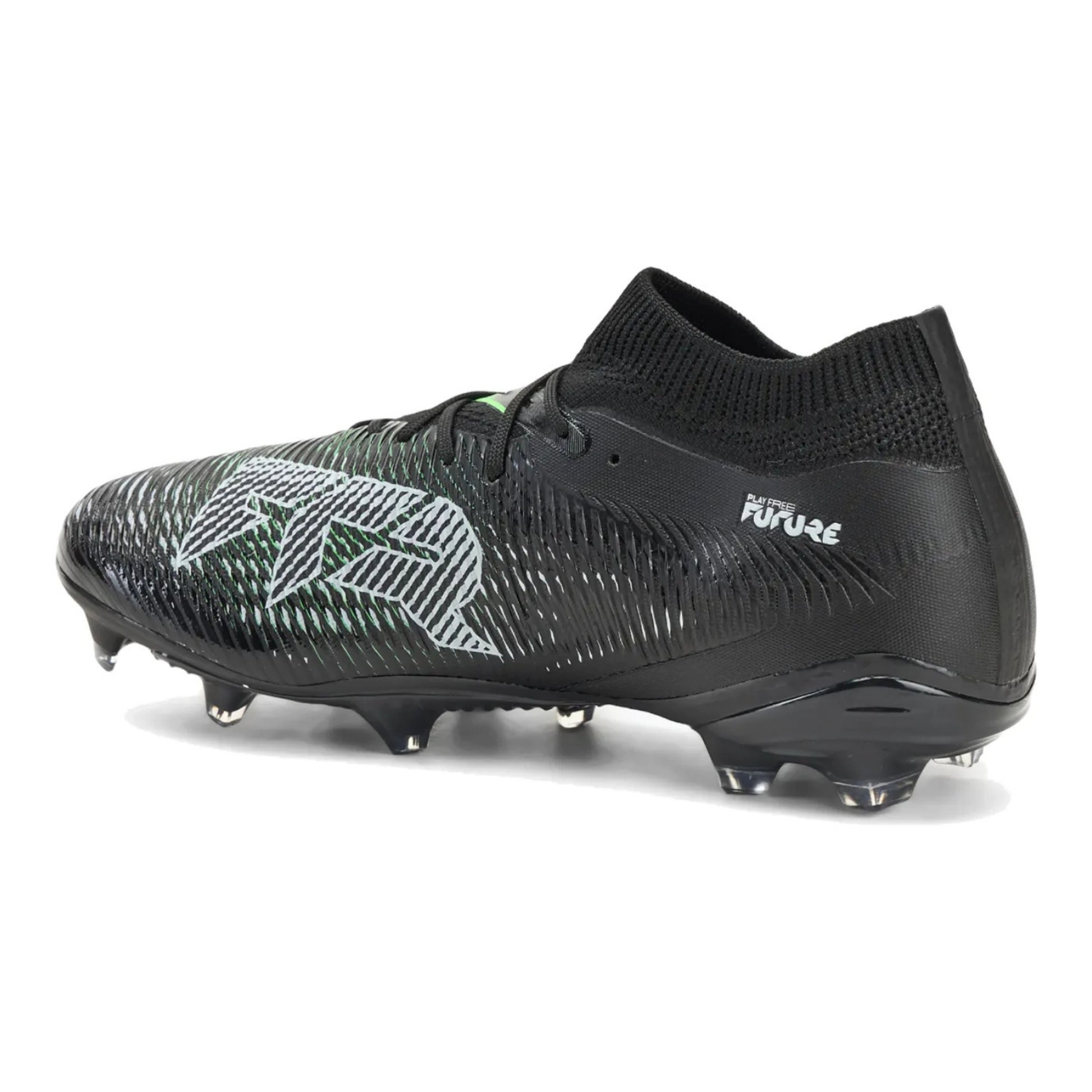 Black soccer Puma boot with Puma logo on a white background