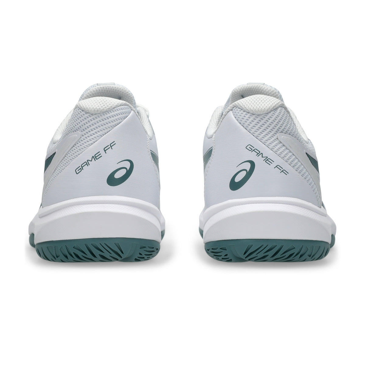 A pair of white Asics tennis shoes shown from the back, featuring dark green accents, the Asics logo, and 'GAME FF' text on a clean white background.