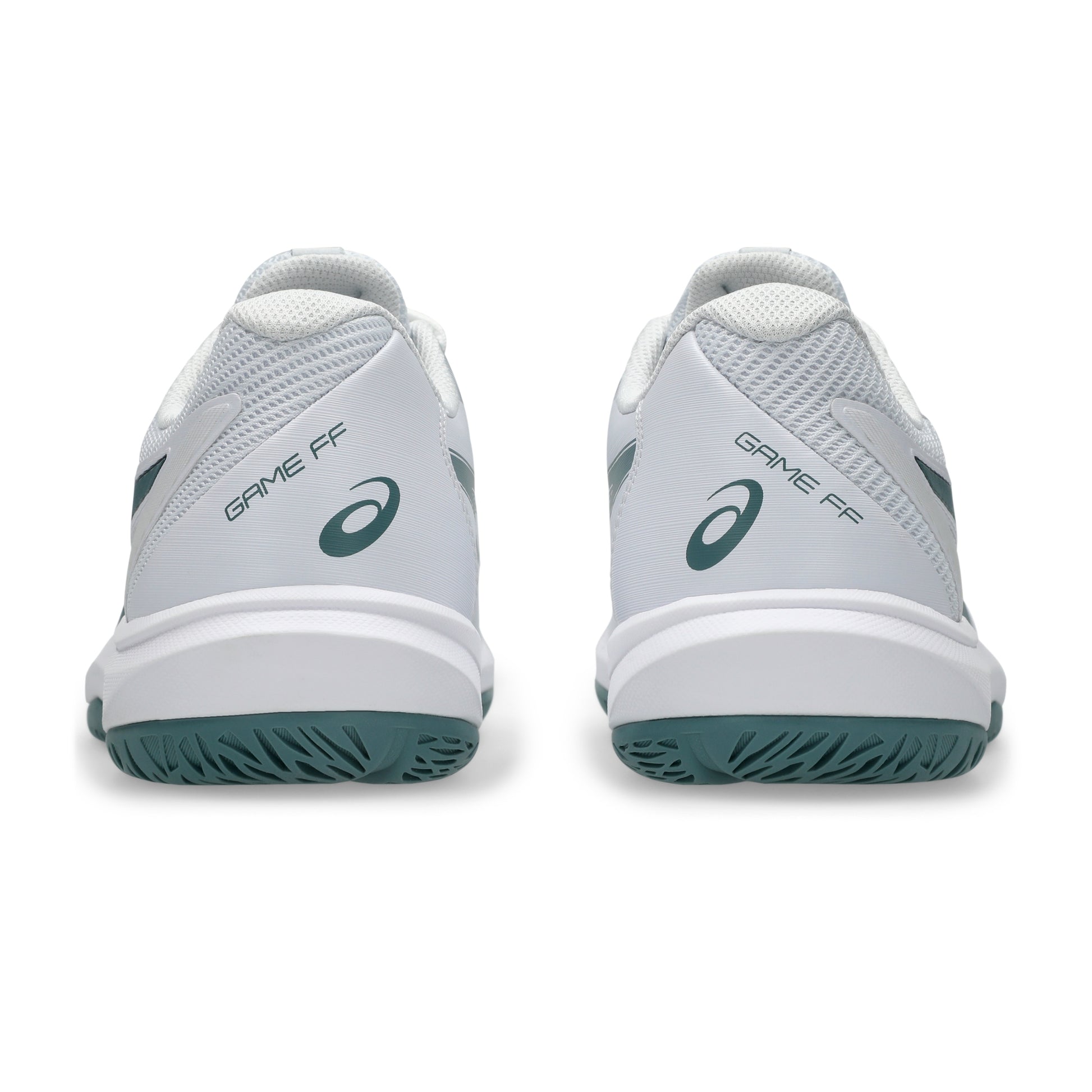 A pair of white Asics tennis shoes shown from the back, featuring dark green accents, the Asics logo, and 'GAME FF' text on a clean white background.