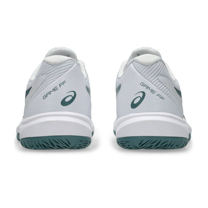 A pair of white Asics tennis shoes shown from the back, featuring dark green accents, the Asics logo, and 'GAME FF' text on a clean white background.