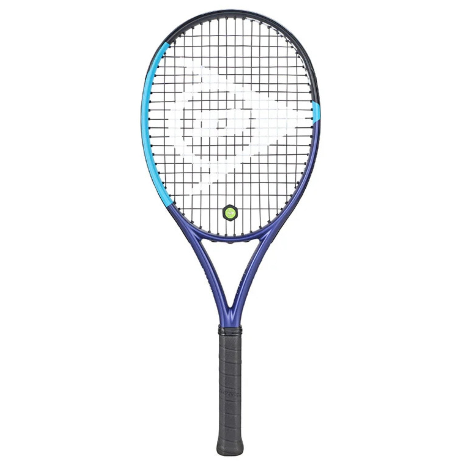 A Dunlop tennis racket with a blue and purple frame, white strings, and a black grip, shown against a plain white background.