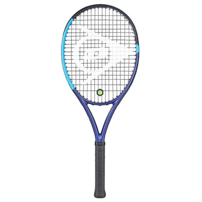 A Dunlop tennis racket with a blue and purple frame, white strings, and a black grip, shown against a plain white background.