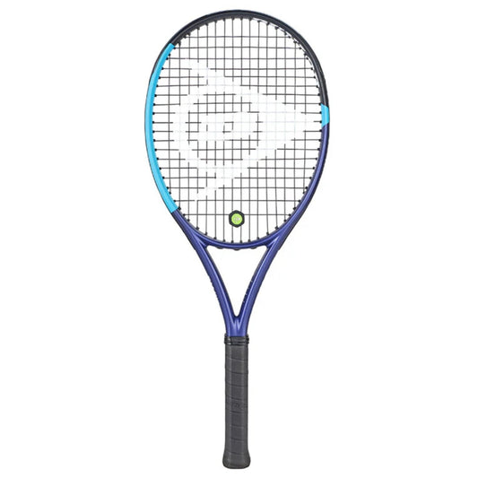 A Dunlop tennis racket with a blue and purple frame, white strings, and a black grip, shown against a plain white background.