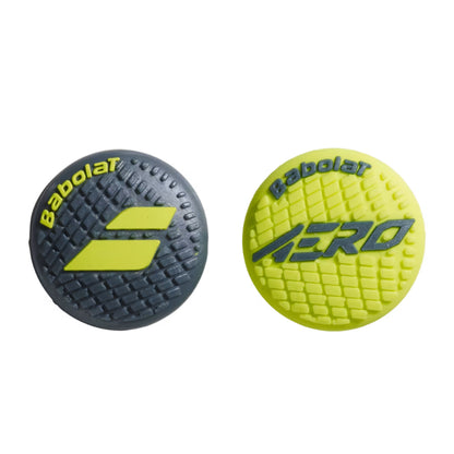Two Babolat tennis racket dampener, one black and one yellow, on a white background.