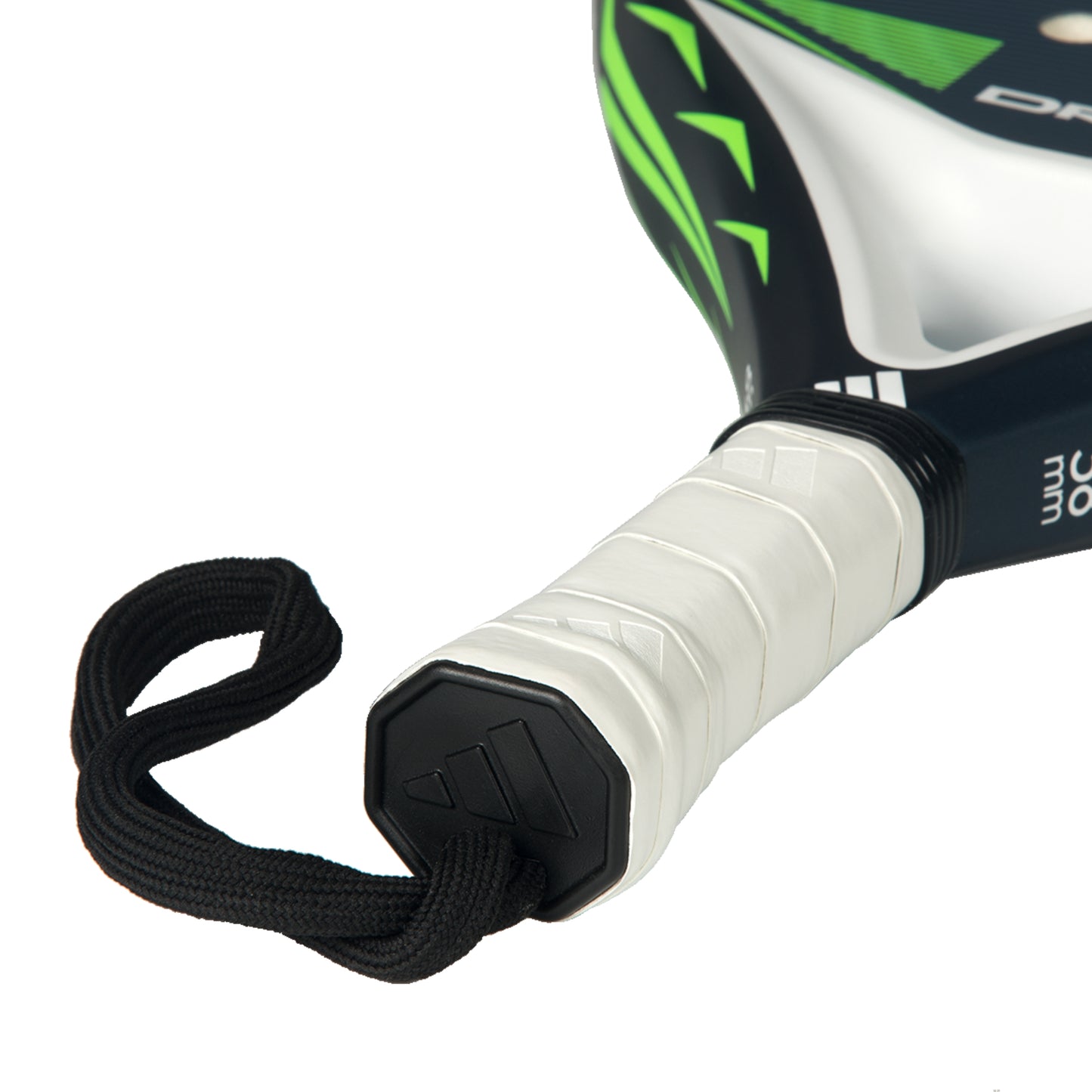 Close-up of a padel racket with a white handle and green and black design on the head.