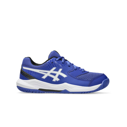 Blue and white Asics tennis shoe with white logo on a white background