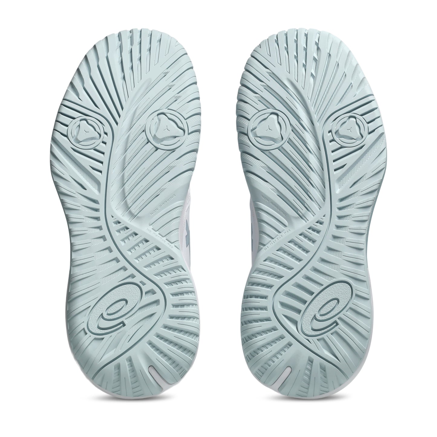 Light blue tennis shoe soles with brand logo on a white background