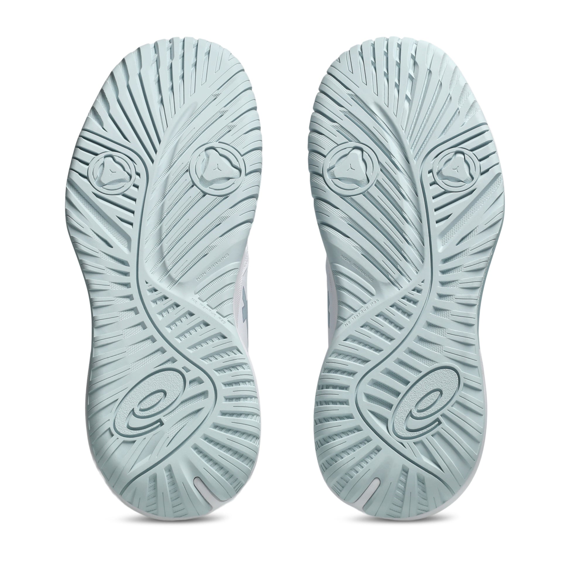 Light blue tennis shoe soles with brand logo on a white background