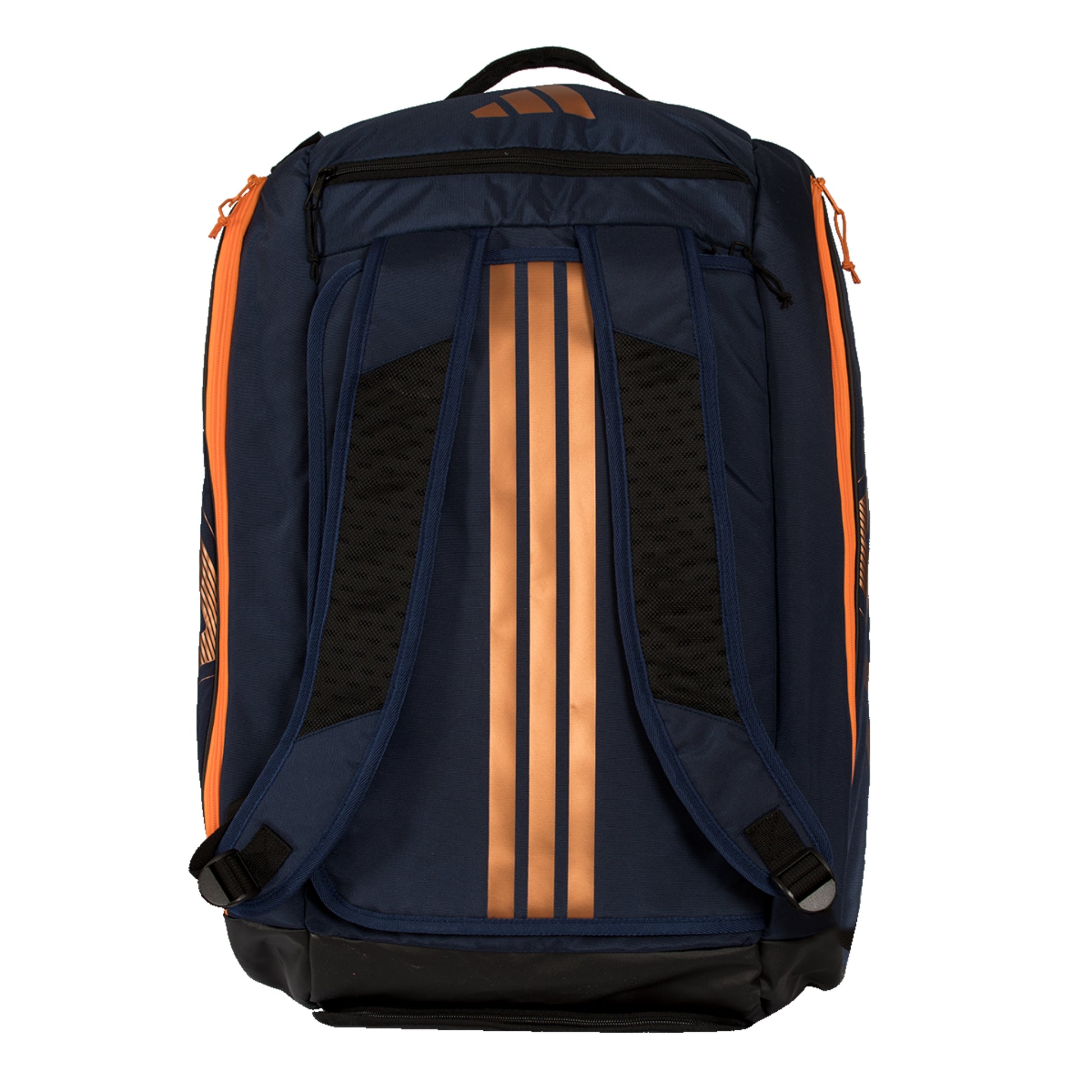 Navy and black adidas padel bag with orange accents on a white background