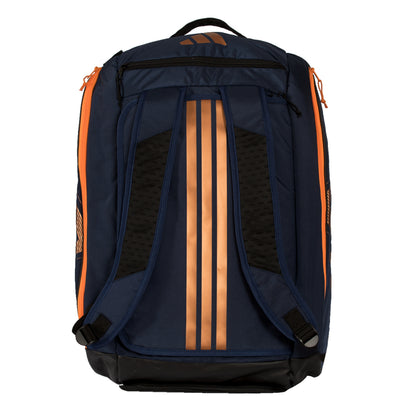 Navy and black adidas padel bag with orange accents on a white background