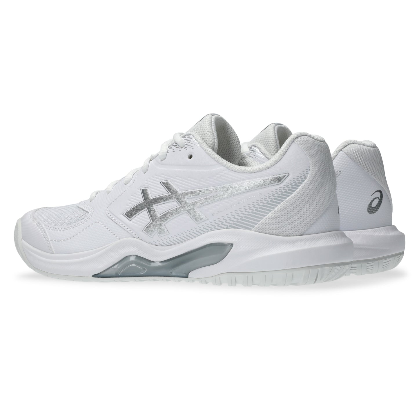 A pair of white Asics tennis shoes shown from a side profile view against a clean white background.