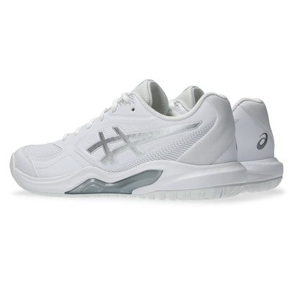 A pair of white Asics tennis shoes shown from a side profile view against a clean white background.