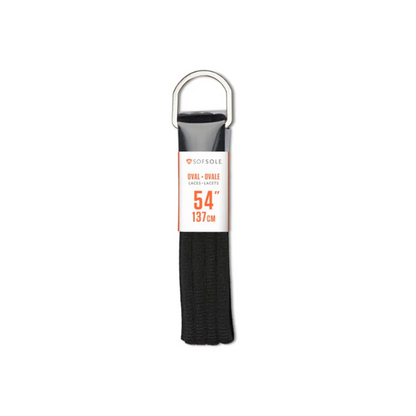 Black shoelace with a white label displaying size 54 on a white background