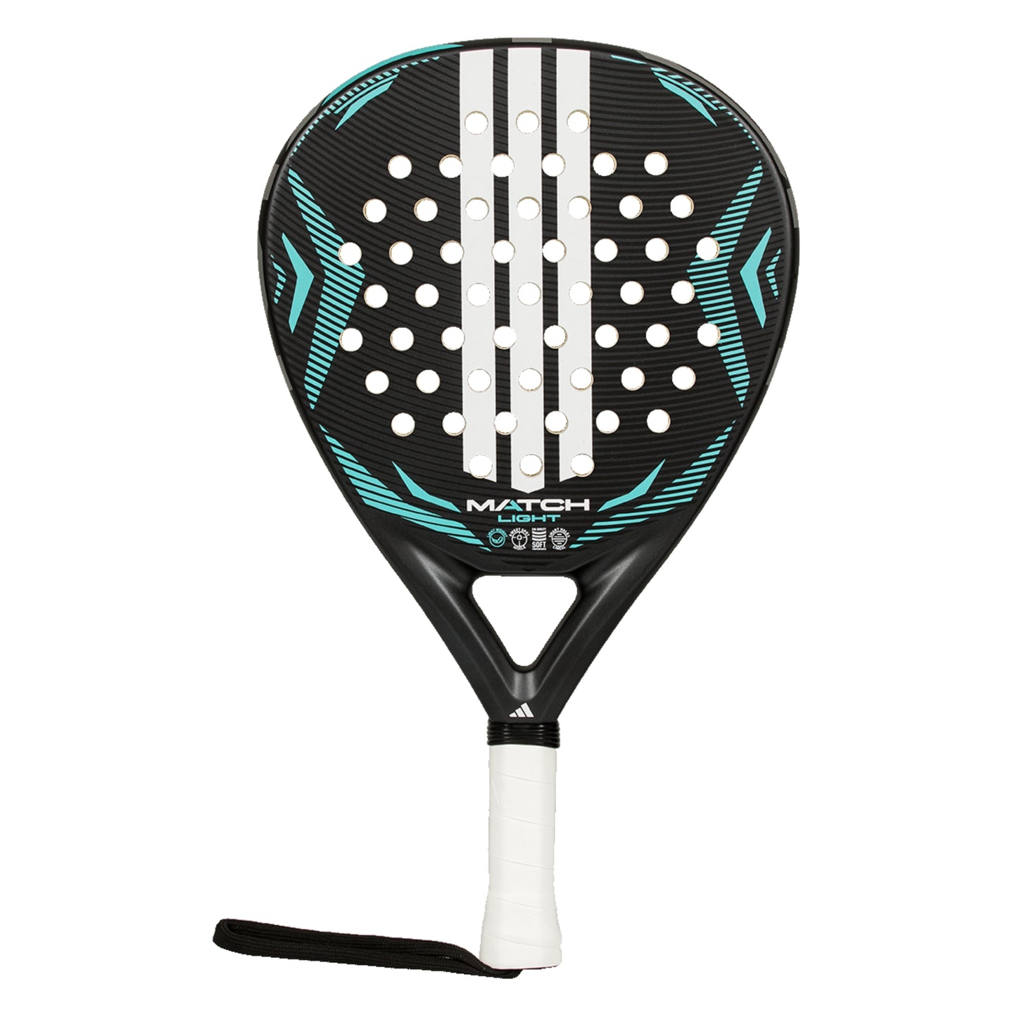 Padel racket with black and teal design on a white background