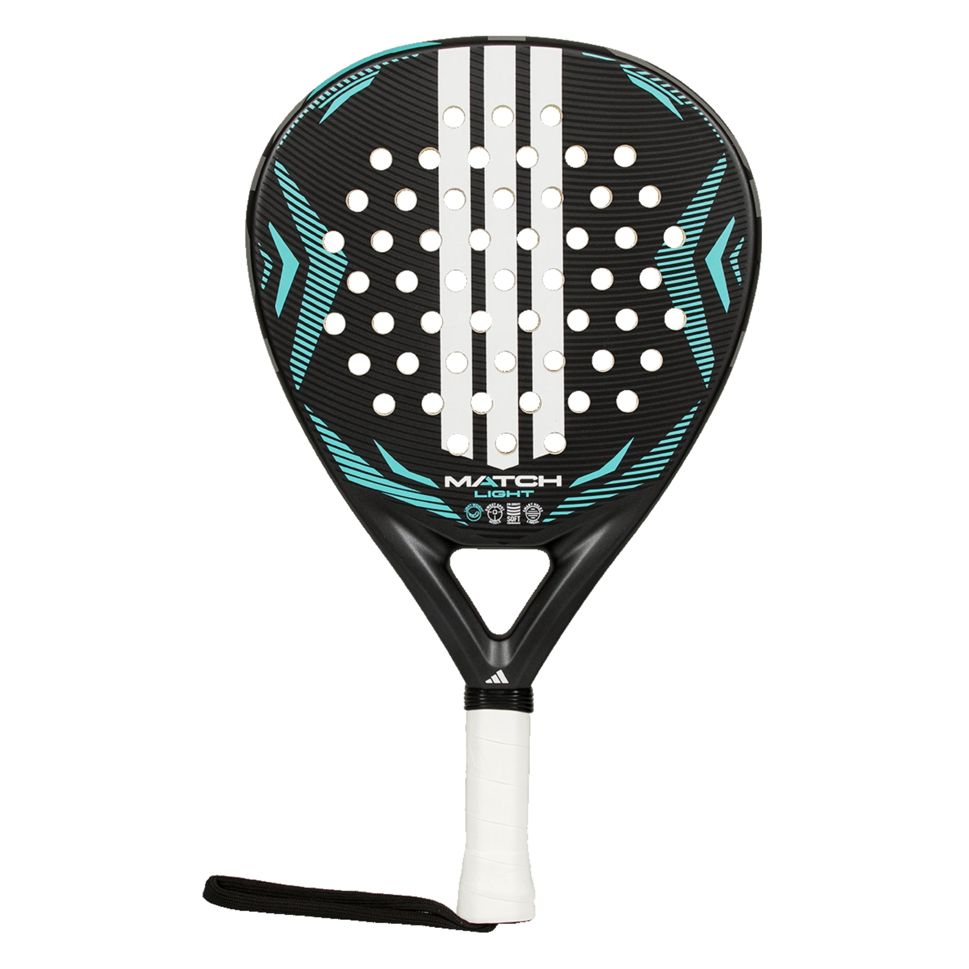 Padel racket with black and teal design on a white background
