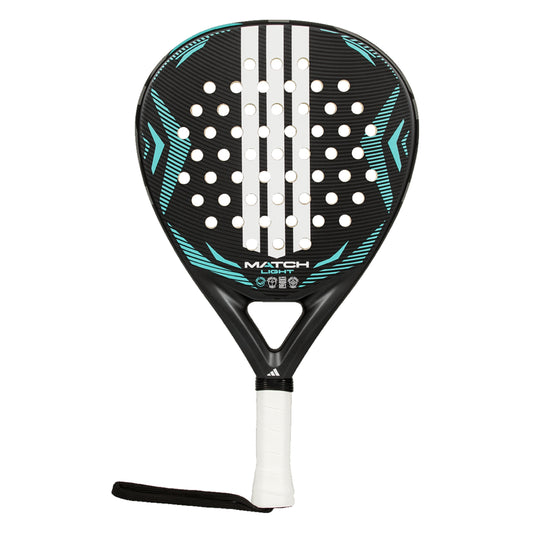 Padel racket with black and teal design on a white background
