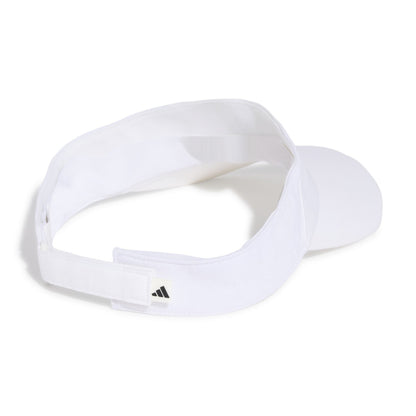 A white Adidas visor with an adjustable hook-and-loop strap, shown from a side angle on a clean white background.