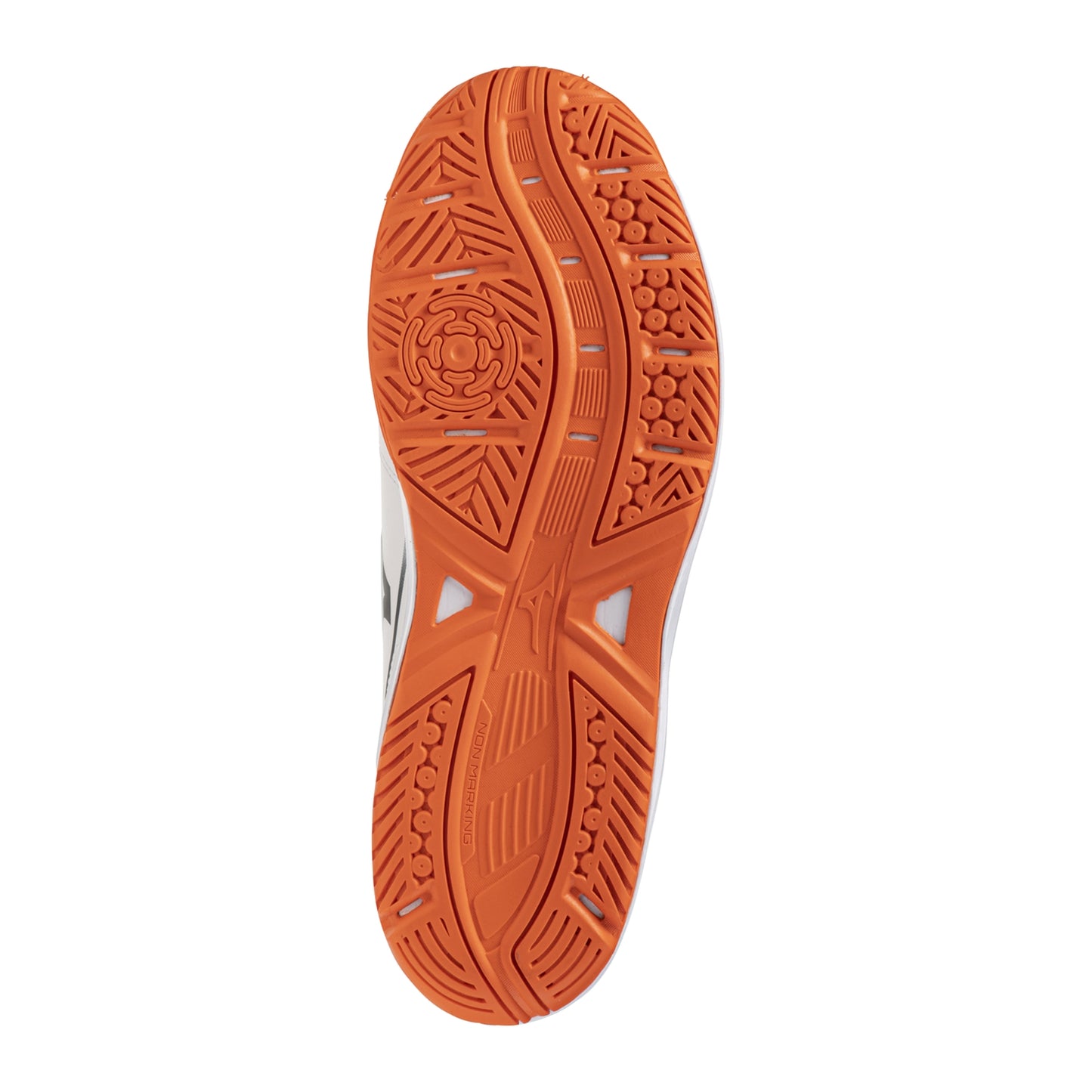 The outsole of a shoe in a vibrant orange color, showing detailed tread patterns, photographed against a plain white background.