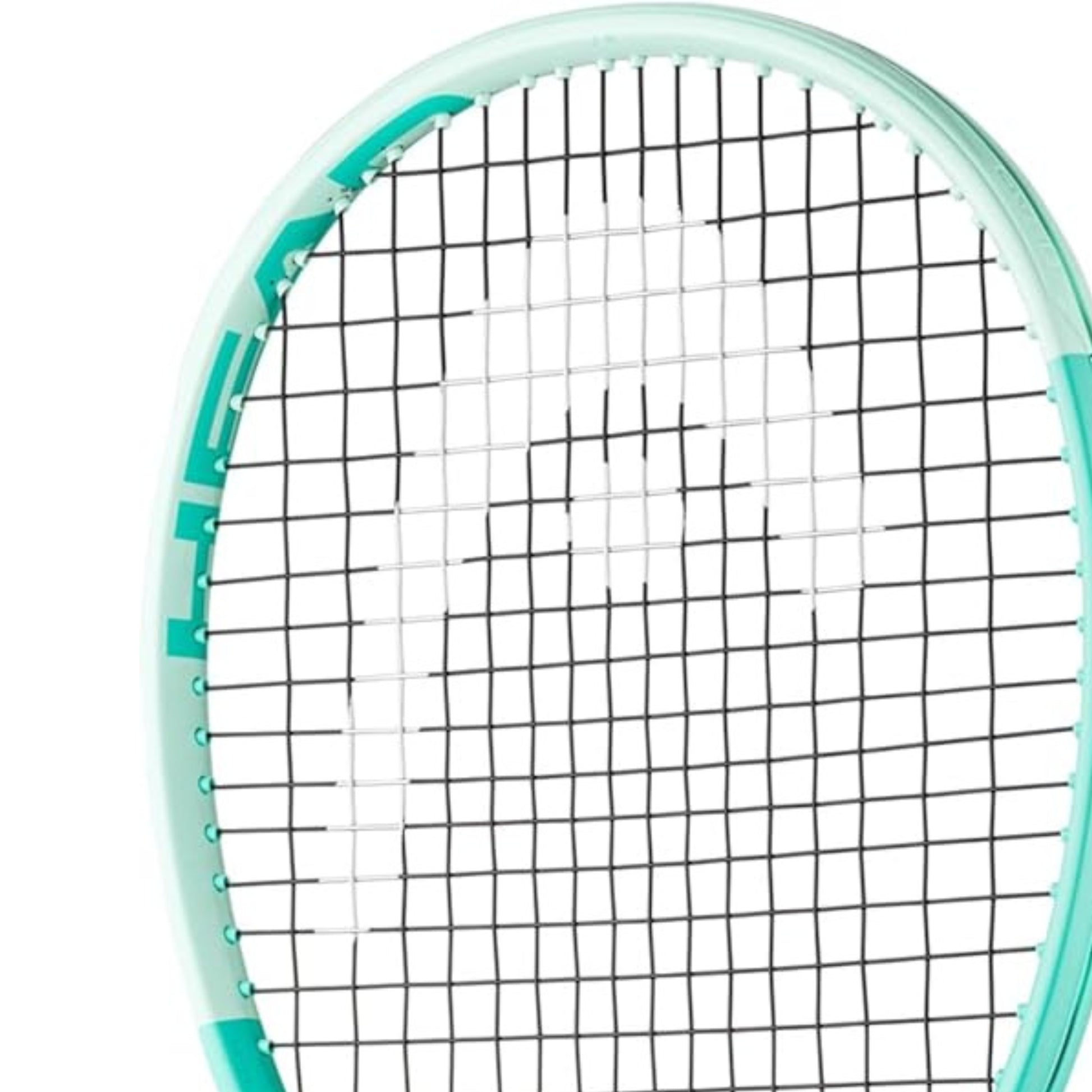 Close-up of a tennis racket with a white strings and turquoise frame on a white background