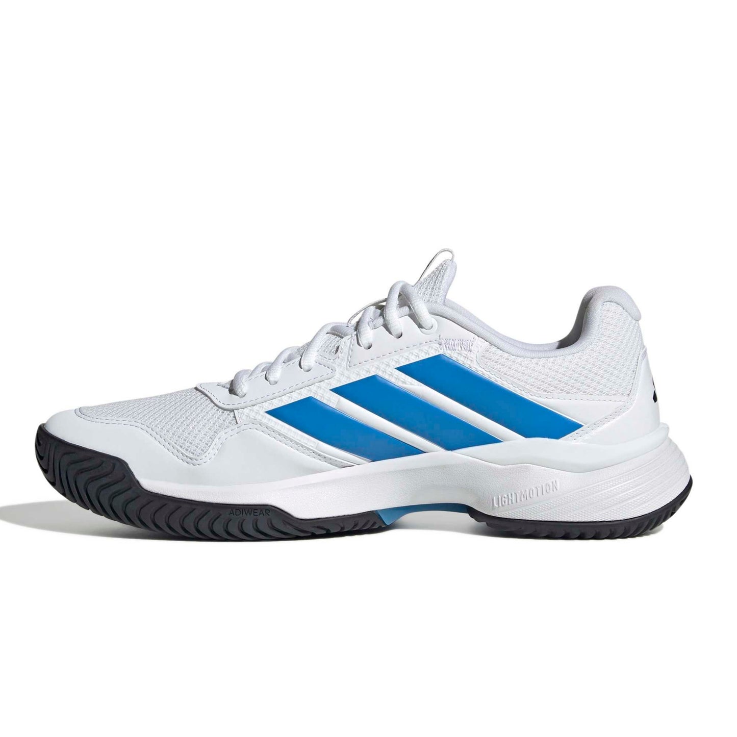 White adidas tennis shoe with blue a blue logo with a black sole on a white background.