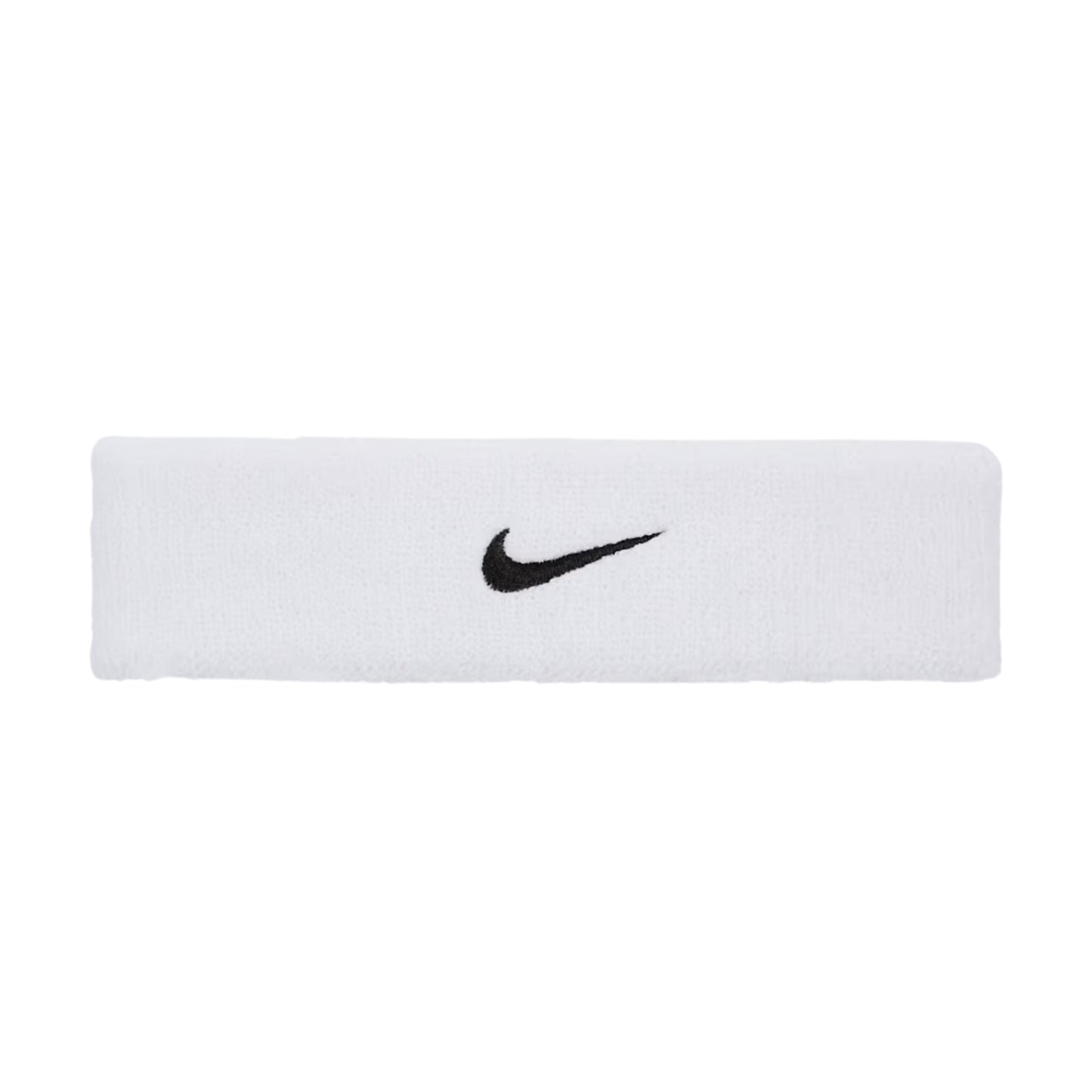 White Nike headband with black logo on a white background