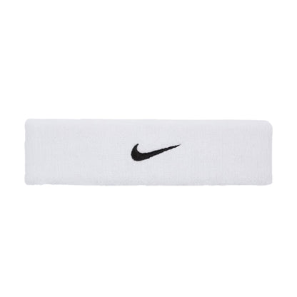 White Nike headband with black logo on a white background