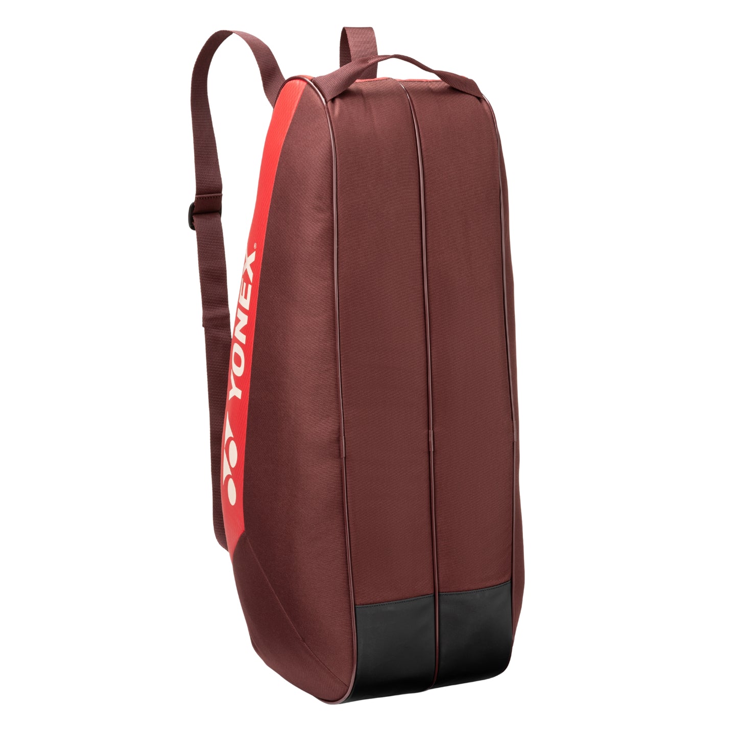 Read and brown tennis bag with red Yonex logo on a white background