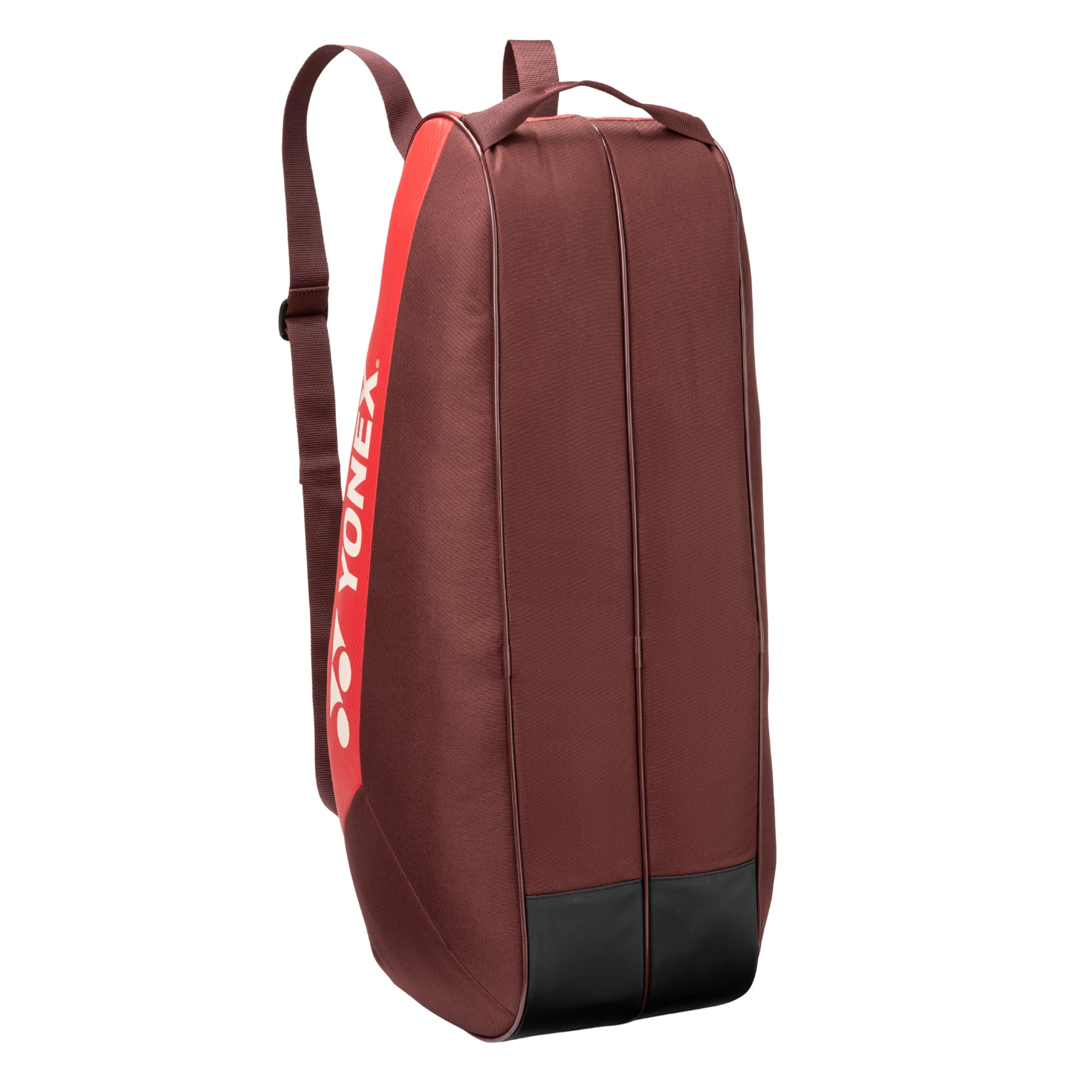 Read and brown tennis bag with red Yonex logo on a white background