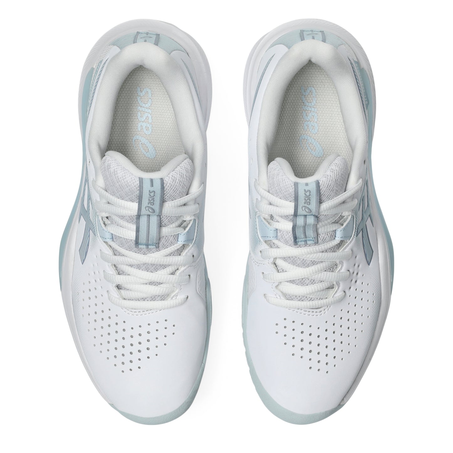 White and light blue tennis shoes on a white background