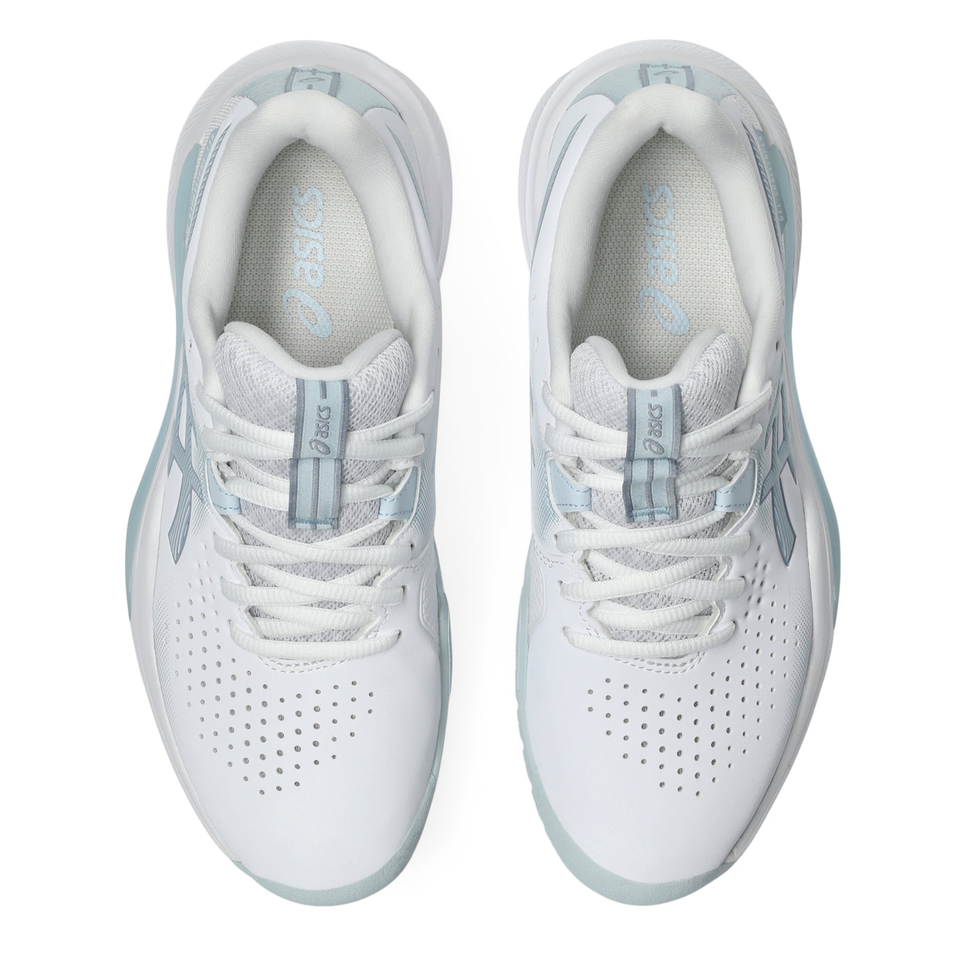 White and light blue tennis shoes on a white background