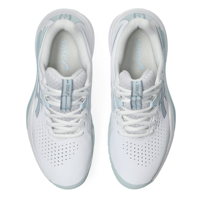 White and light blue tennis shoes on a white background