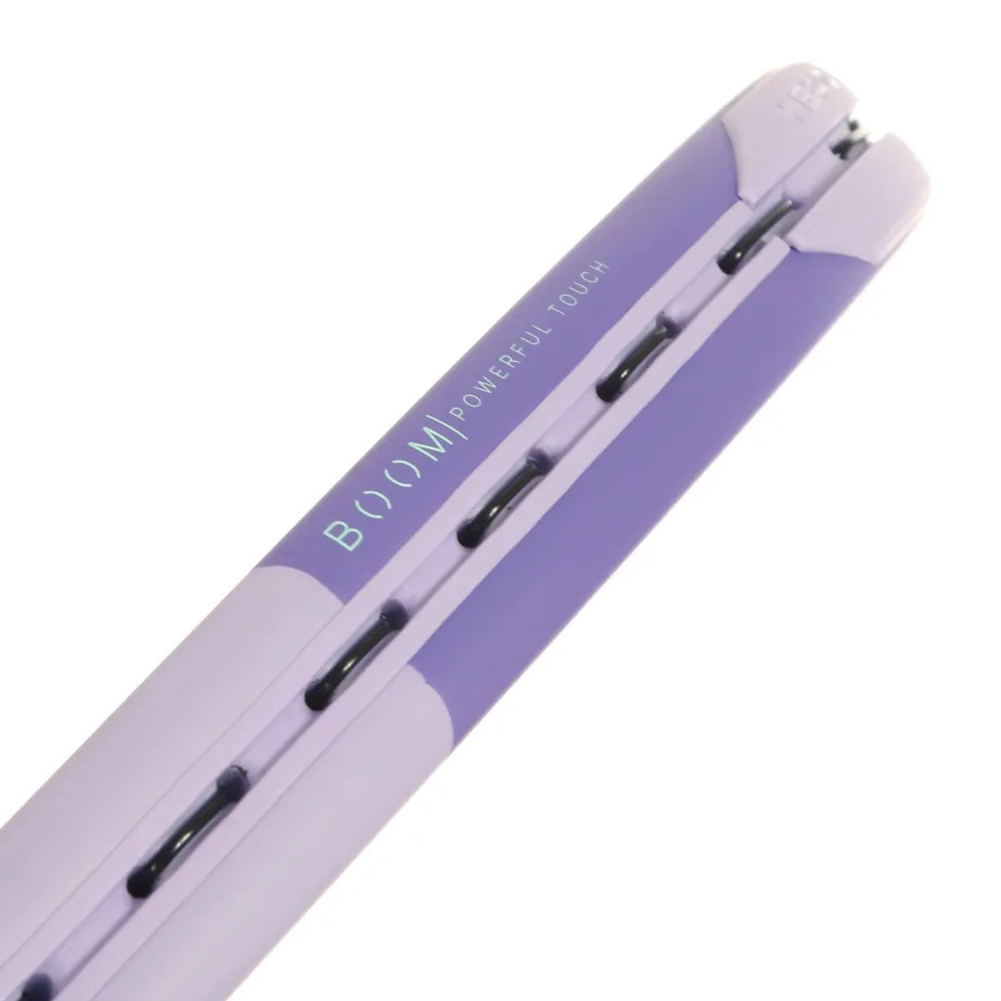 A close-up of a Head tennis racket showing its lavender purple and light purple body with the text 'BOOM POWERFUL TOUCH' printed on the side.