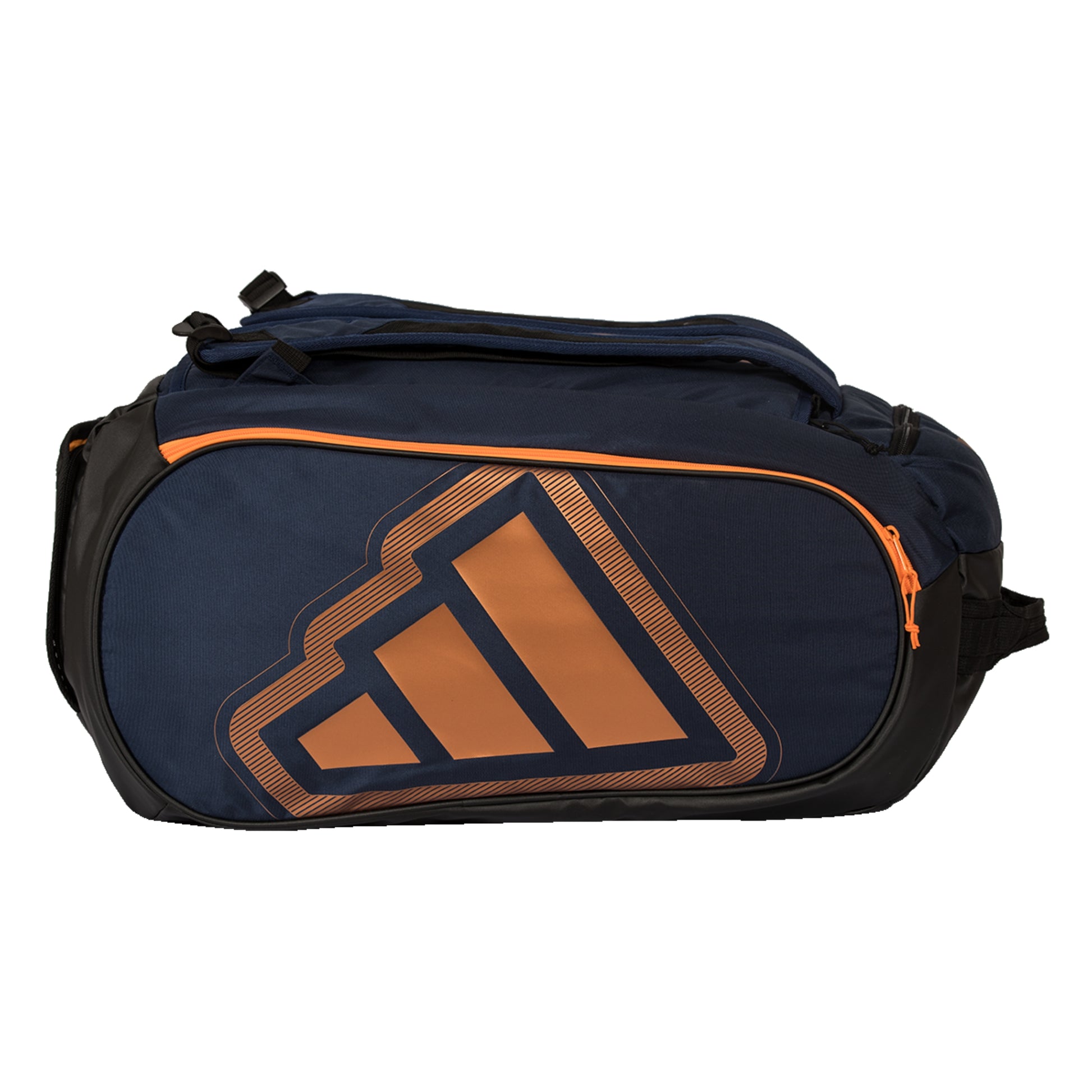 Navy and black adidas padel bag with orange accents on a white background