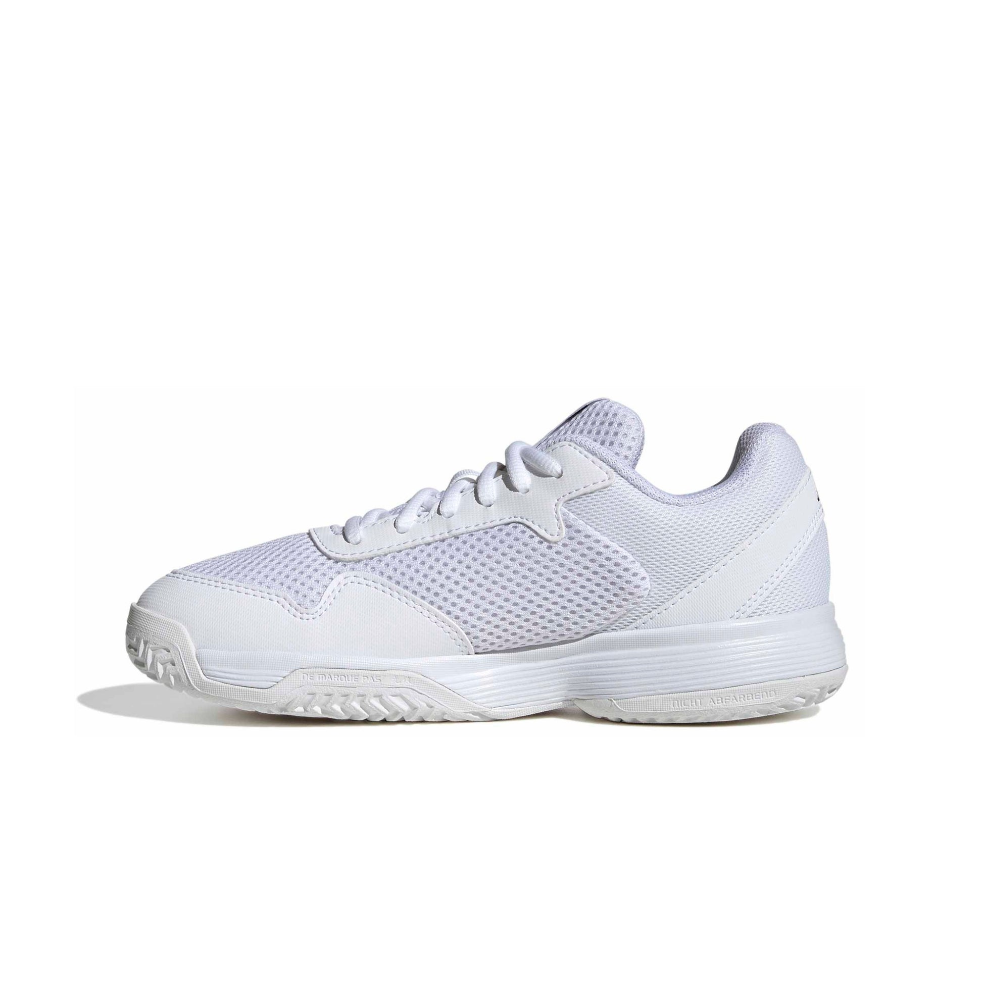 A white Adidas tennis court shoe sole, shown from a side profile on a white background.