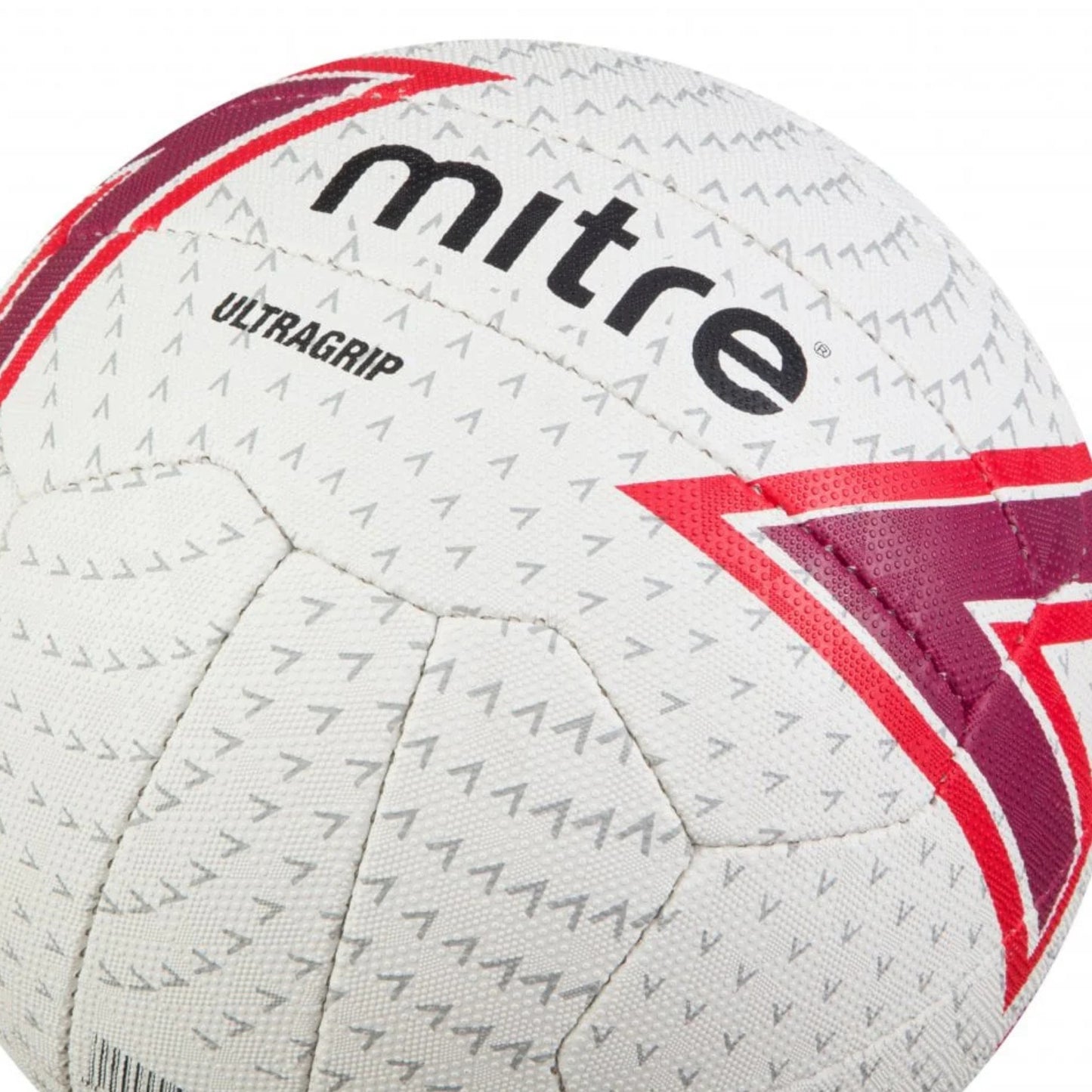 White netball balll with red and purple accents and Mitre branding on a white background