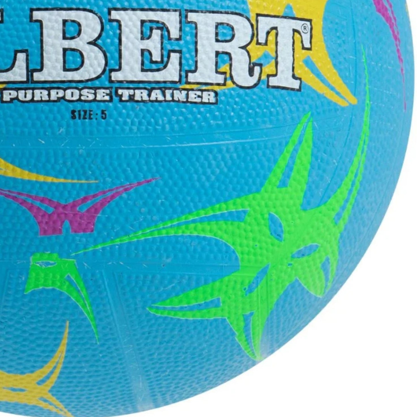Gilbert blue sports ball with colorful patterns and part of the 'GILBERT' logo