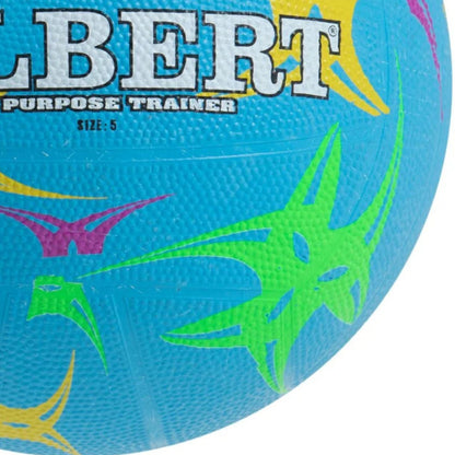 Gilbert blue sports ball with colorful patterns and part of the 'GILBERT' logo