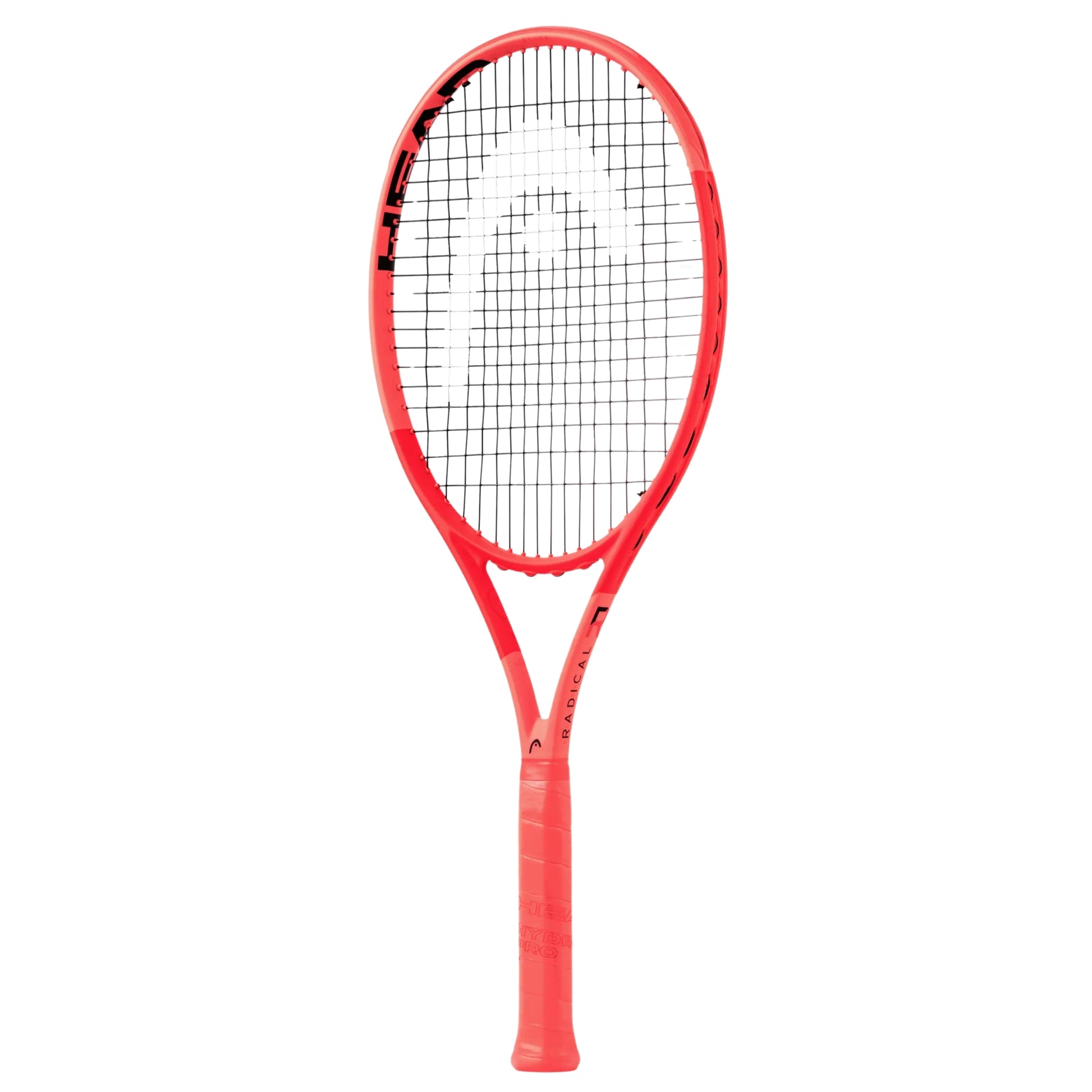 A orange Head badminton racket with white strings, shown vertically against a plain white background.