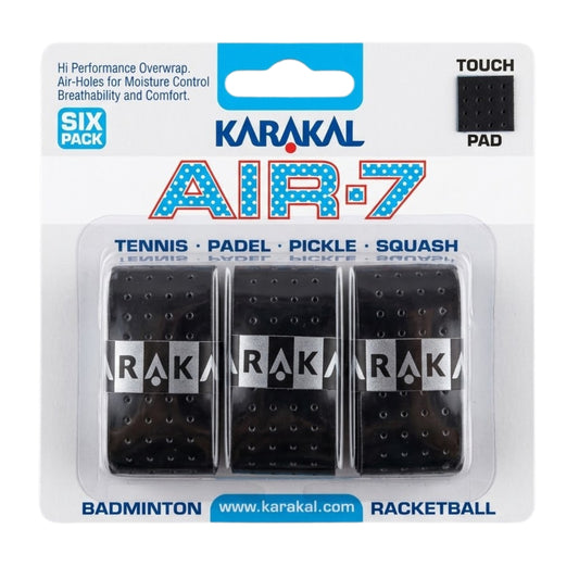 Pack of Karakal Air-7 tennis overgrips with brand logo and product details on a white background.