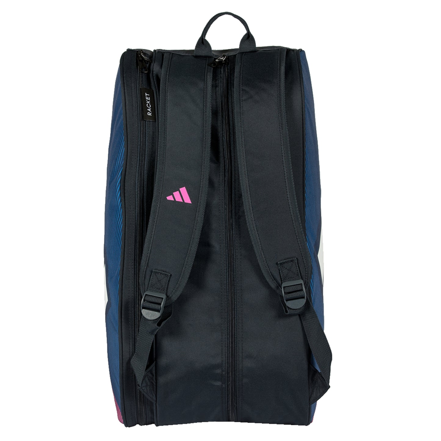 Black and blue racket bag with pink Adidas logo on a white background