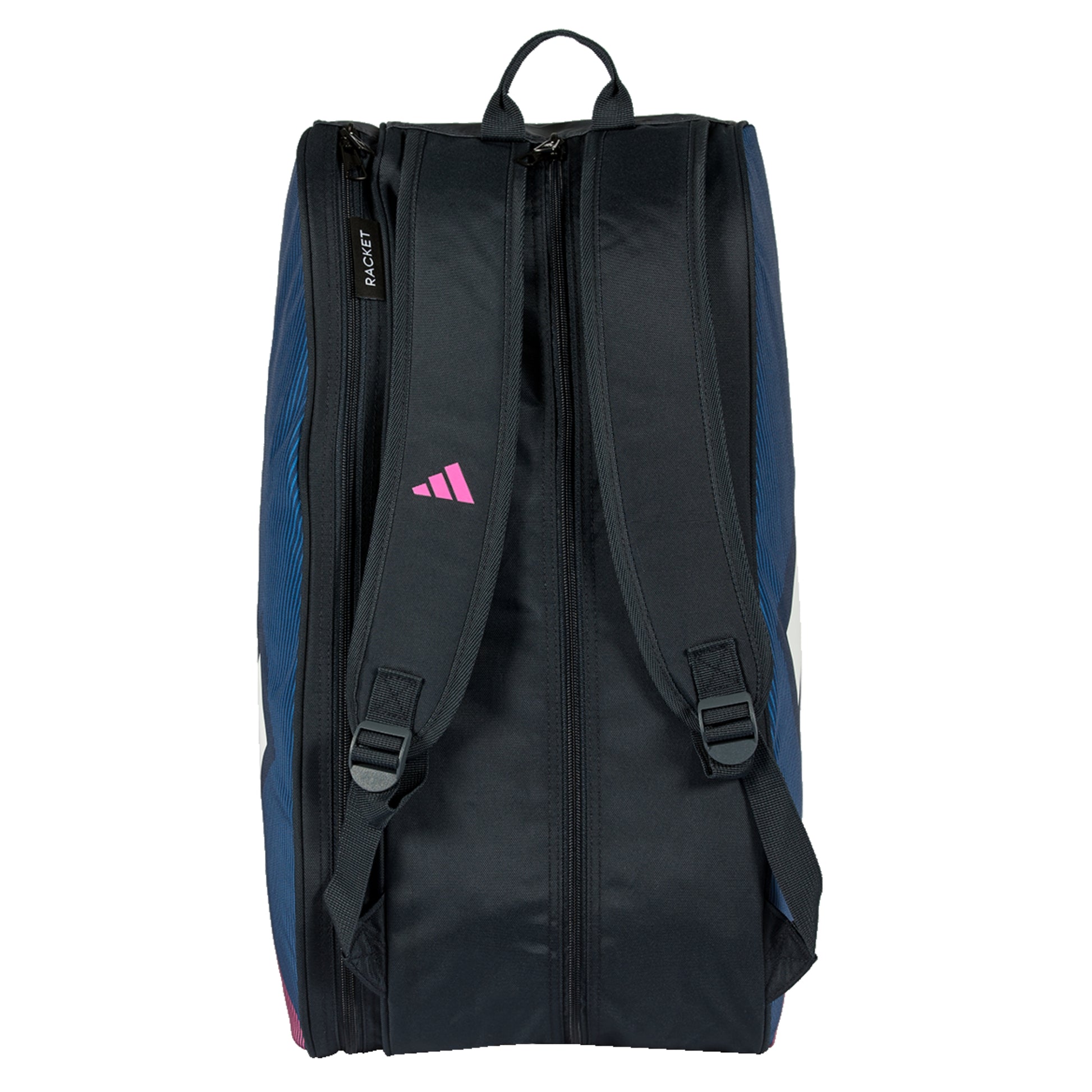 Black and blue racket bag with pink Adidas logo on a white background