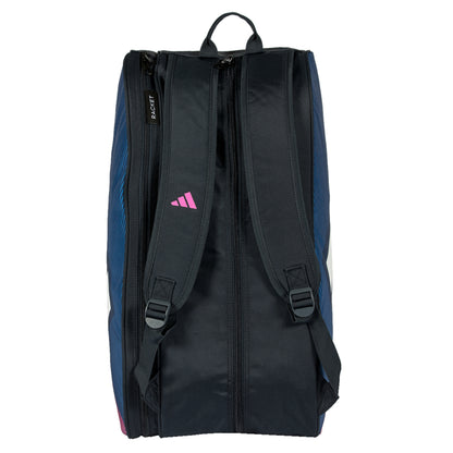 Black and blue racket bag with pink Adidas logo on a white background