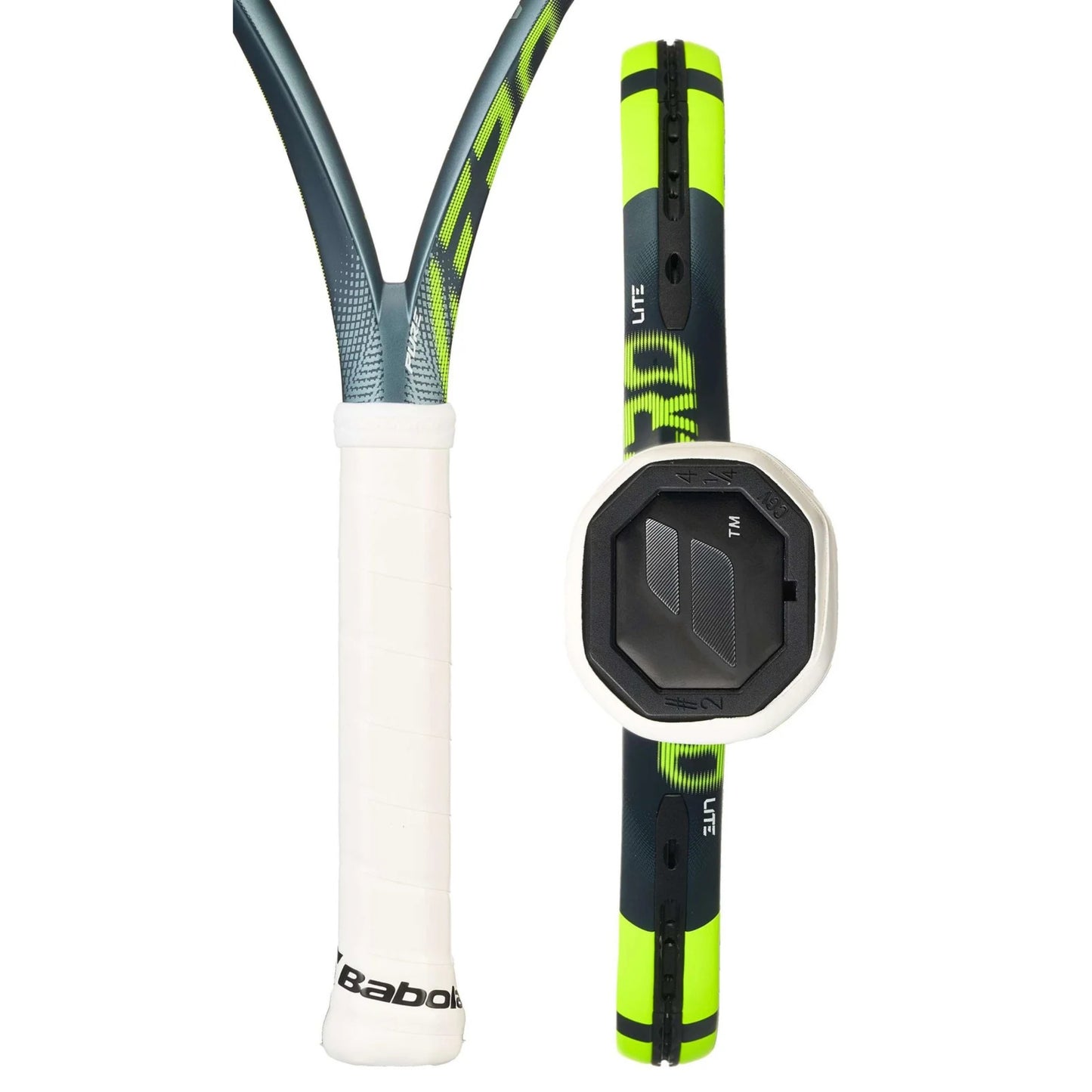 Tennis racket with white handle and gray and yellow frame on a white background